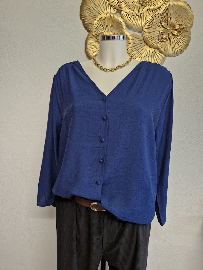 Chemise col V uni bleu marine